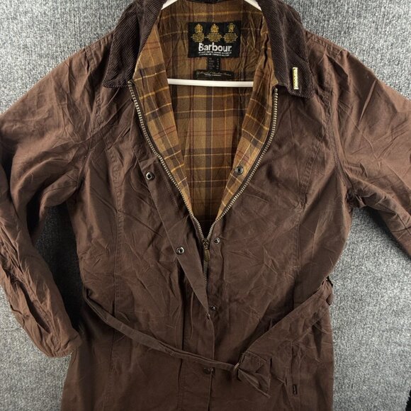 Barbour Newmarket Mac Waxed Jacket Women Full Zip Brown Size 8 US Lined - Picture 1 of 16